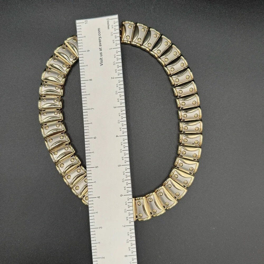 Striking Chunky Silver and Gold Tone Modern Collar Necklace and Earring Set - Picture 12 of 12